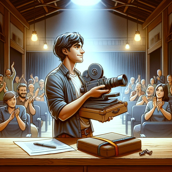 DALL·E 2024-01-02 06.00.31 - An image symbolizing the success and satisfaction of an independent filmmaker after completing a film on a limited budget. The scene shows a filmmaker.png